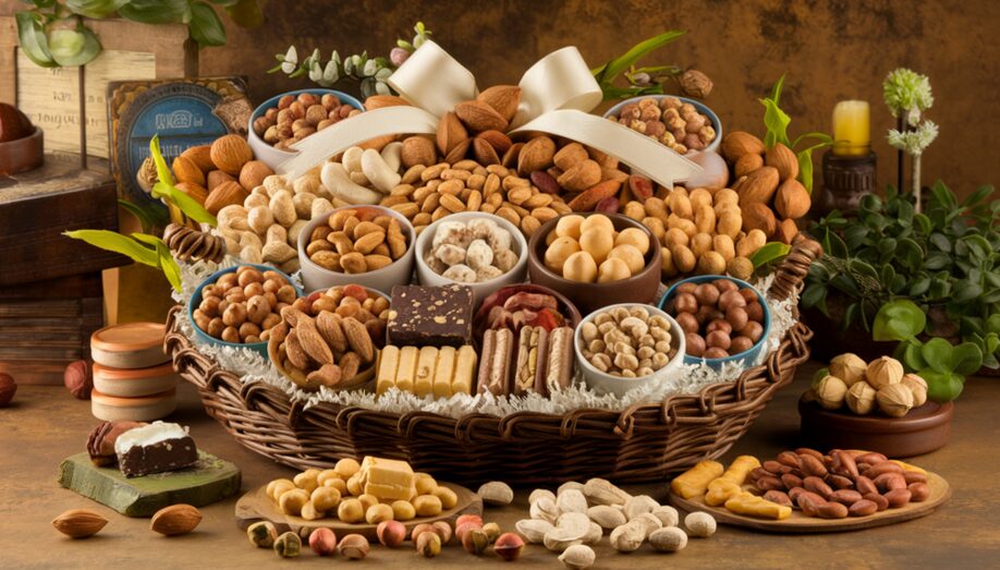 The image showcases a luxurious nut gift basket filled with almonds, cashews, Brazil nuts, hazelnuts, macadamias, peanuts, pecans, pistachios, and walnuts, along with artistically placed handcrafted brittles and fudges, set in a warm, inviting environment that reflects a family-owned, traditional business ethos, using a rich color palette of browns, golds, and earthy tones to evoke a sense of authenticity, warmth, and community engagement.