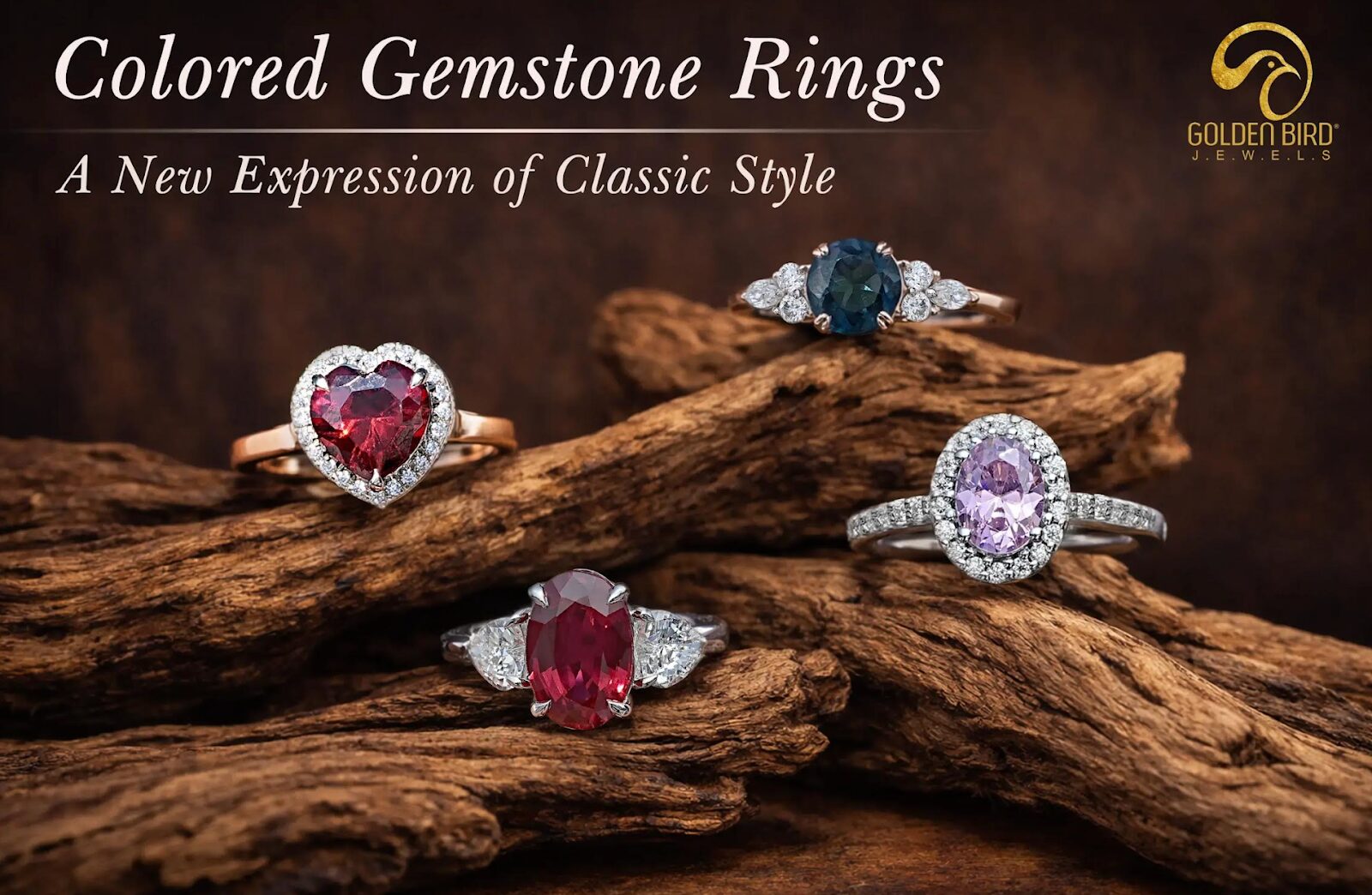 Golden Bird Jewels colored gemstone rings showcasing modern style and classic charm
